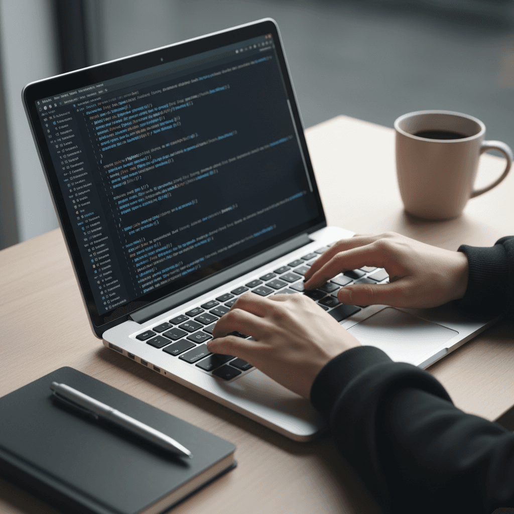 Student hands typing on laptop with test case notes beside it